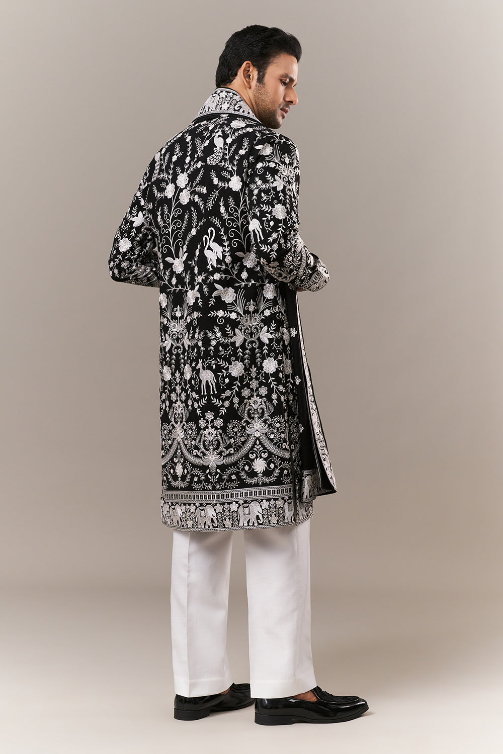 Black Georgette Mens Kurta Set with Parsi Embroidery