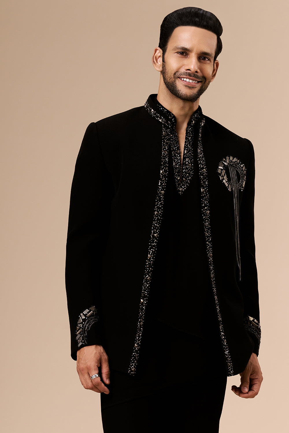 Black Georgette Mens Indo Western with Bead and Metal Detailing