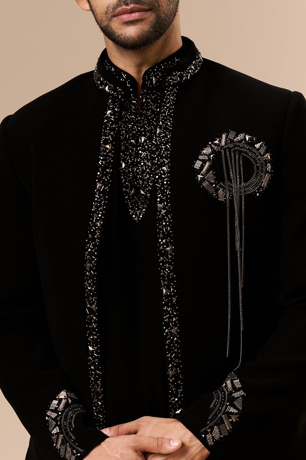 Black Georgette Mens Indo Western with Bead and Metal Detailing
