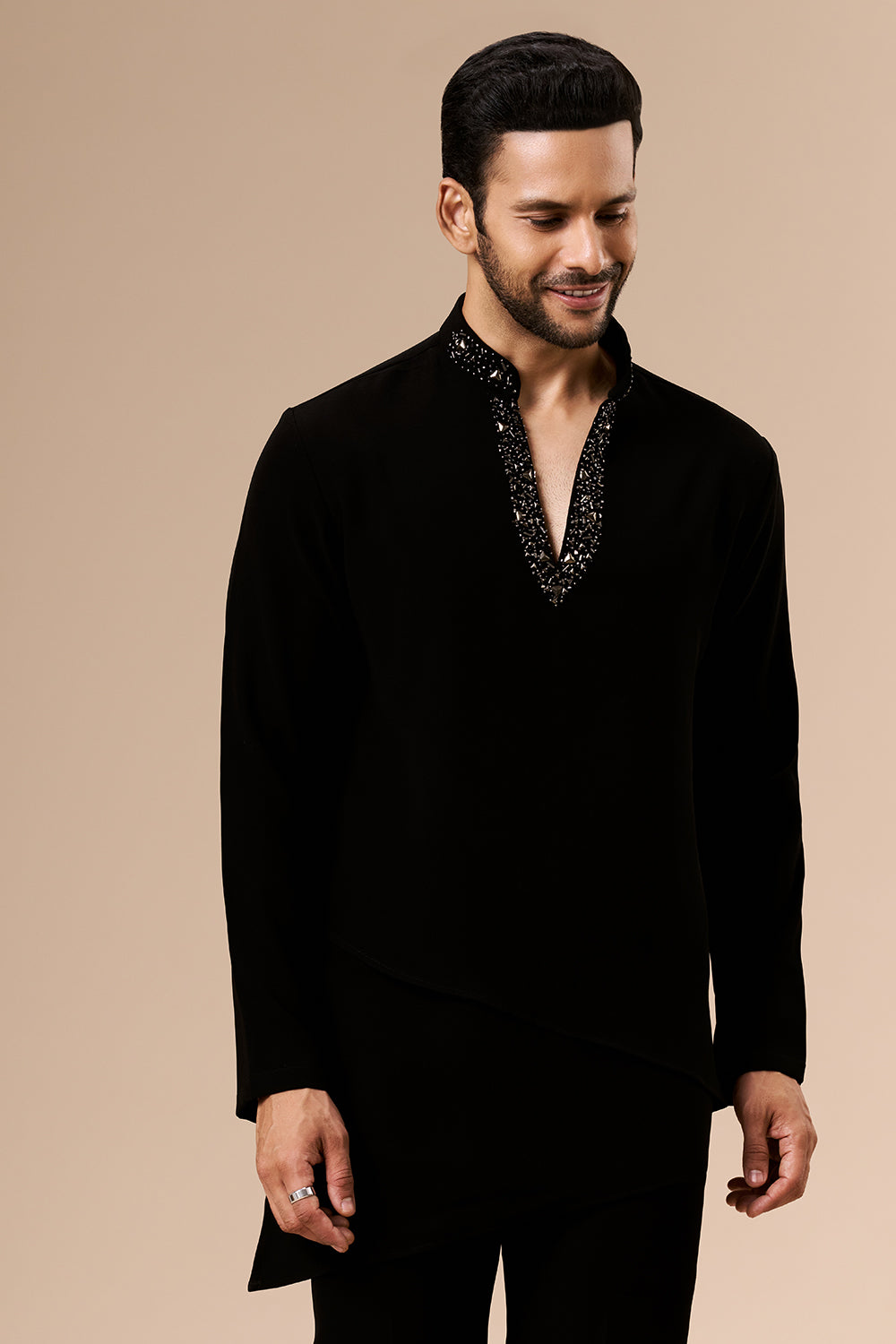 Black Georgette Mens Indo Western with Bead and Metal Detailing