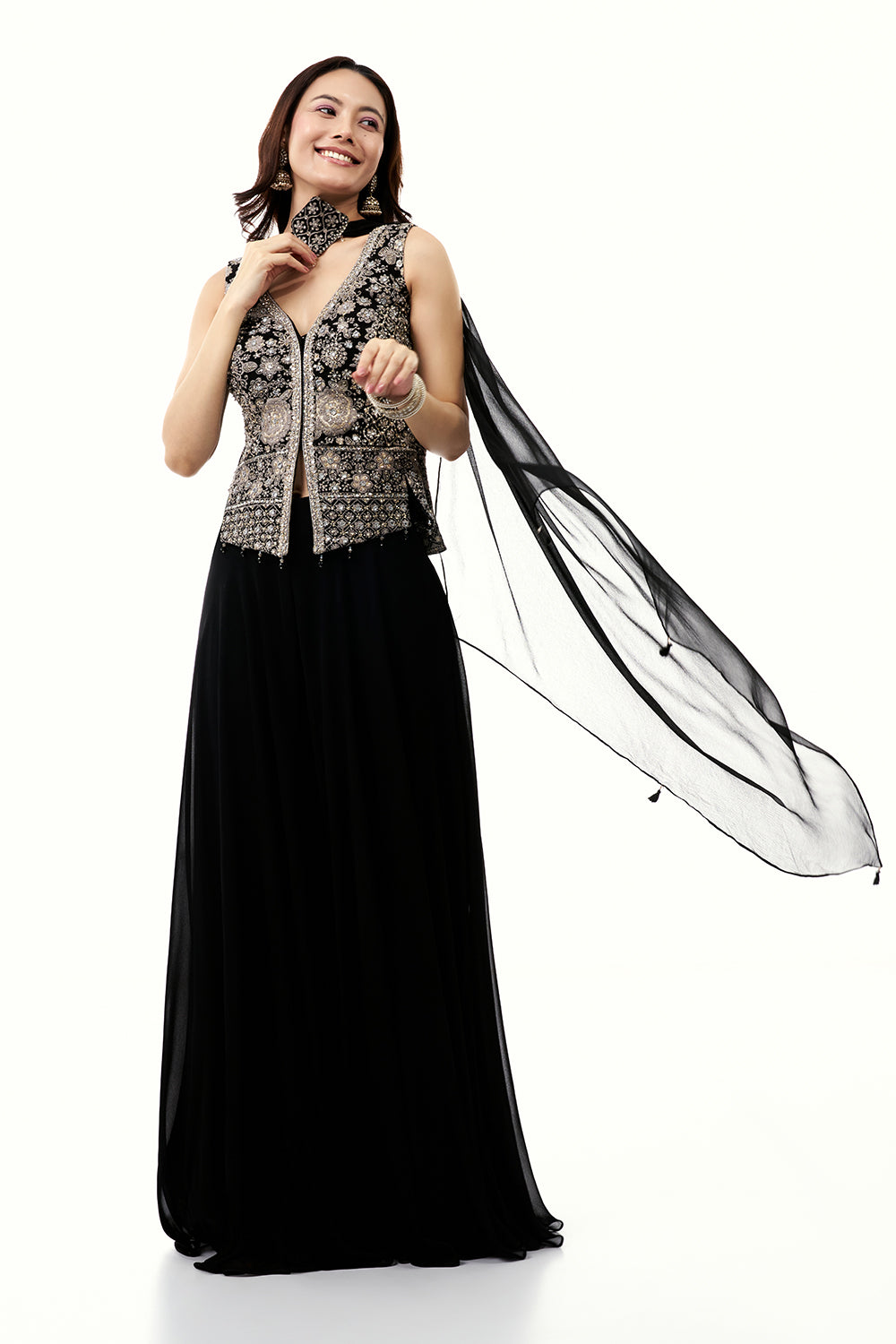 Black Georgette Palazzo Set with Mirror and Zari Work