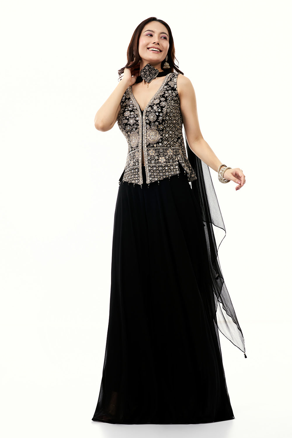 Black Georgette Palazzo Set with Mirror and Zari Work