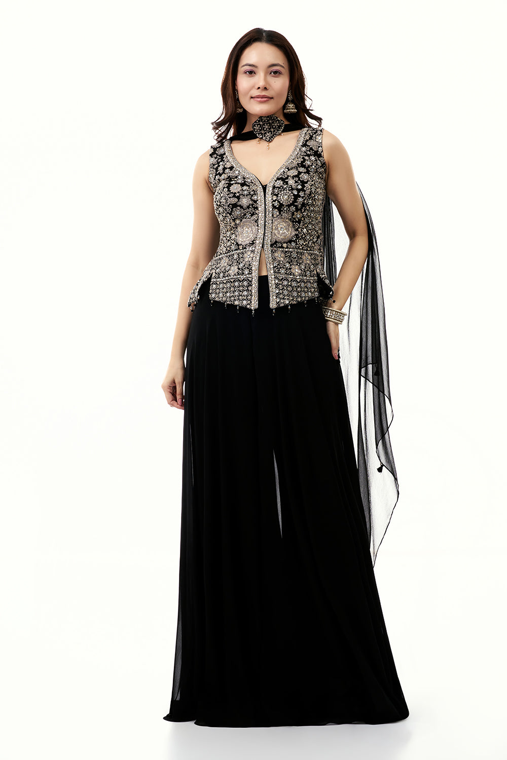 Black Georgette Palazzo Set with Mirror and Zari Work