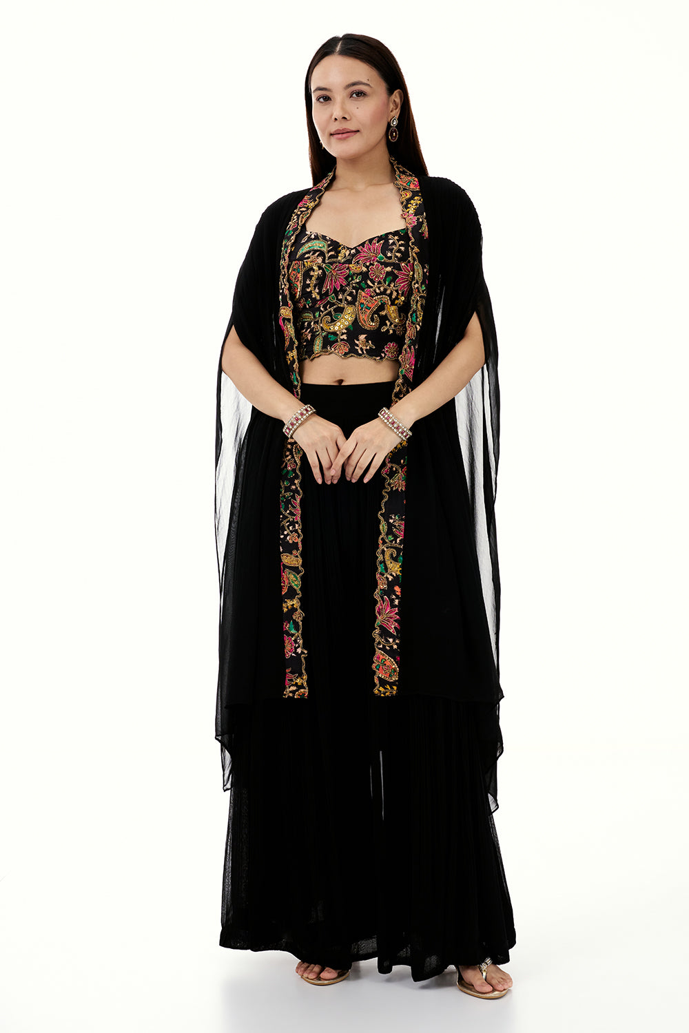 Black Georgette Palazzo Suit with Embroidered Crop Top and Sequin Work