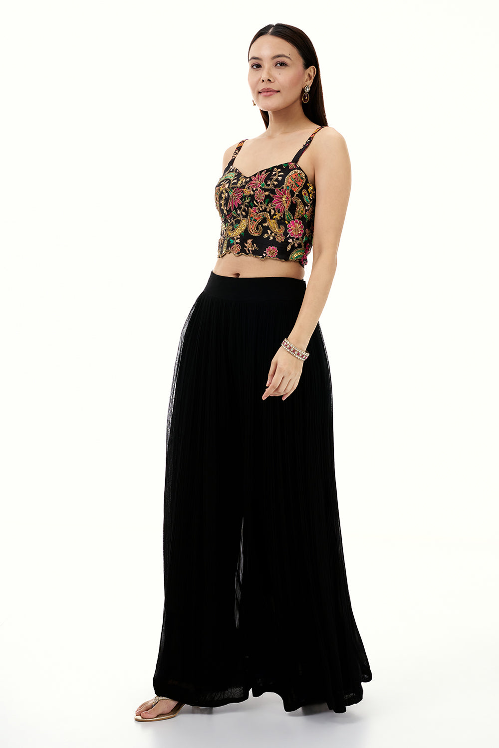 Black Georgette Palazzo Suit with Embroidered Crop Top and Sequin Work