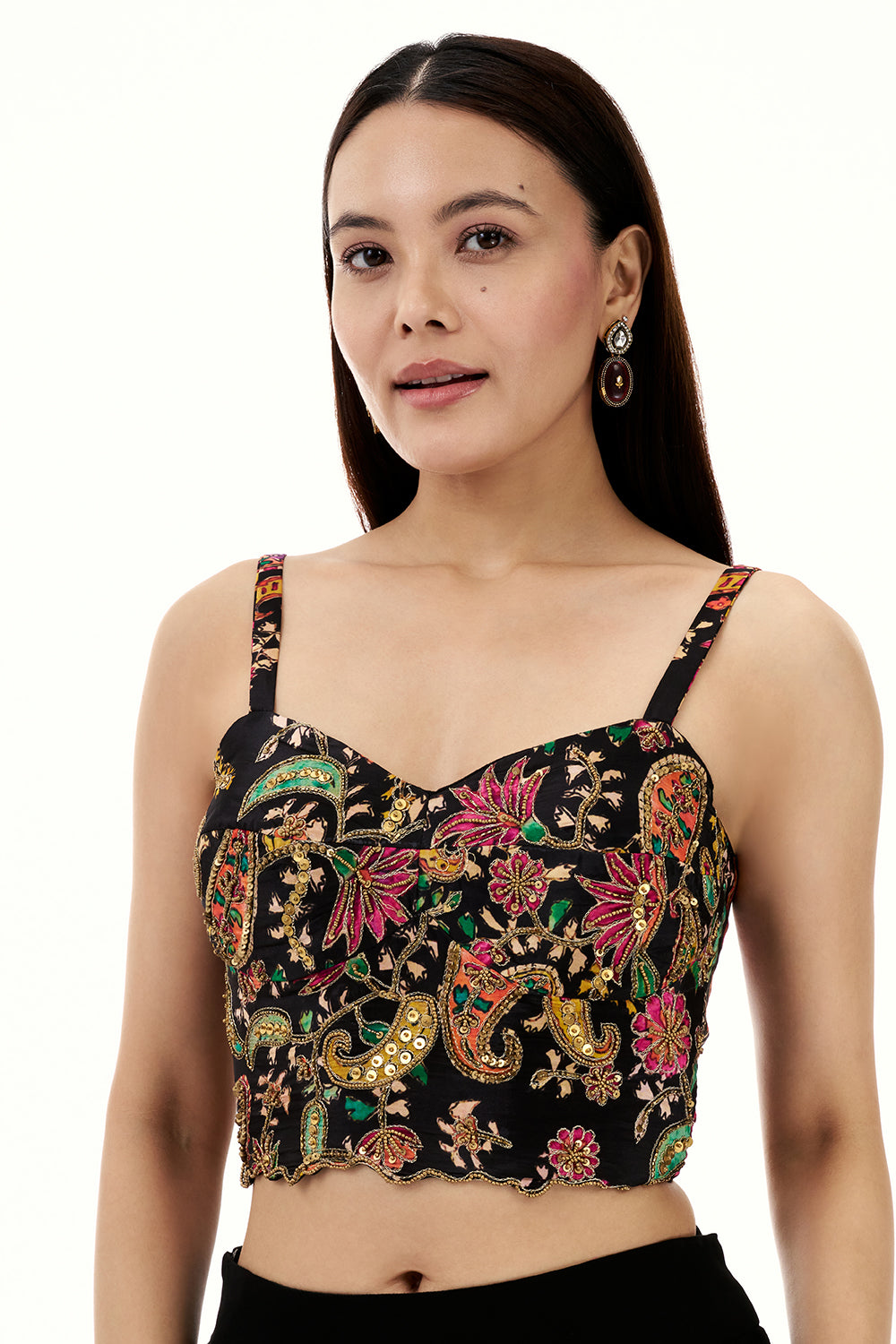 Black Georgette Palazzo Suit with Embroidered Crop Top and Sequin Work