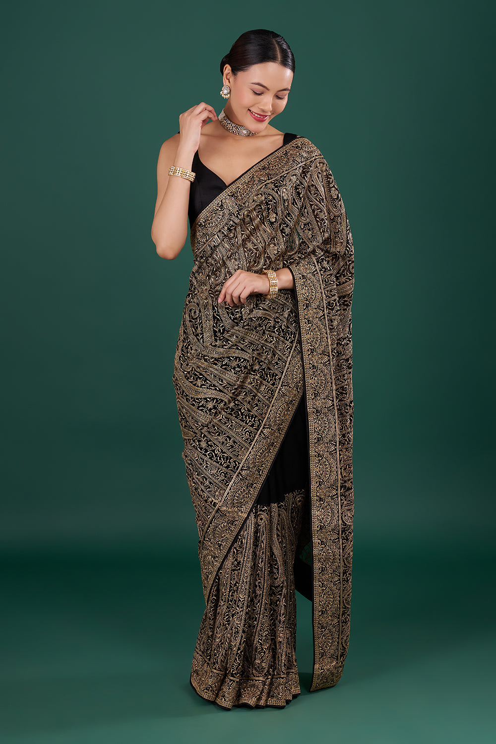Black Georgette Resham Saree with Gold Detailing