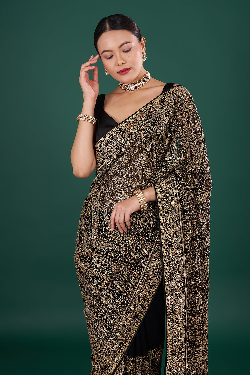 Black Georgette Resham Saree with Gold Detailing