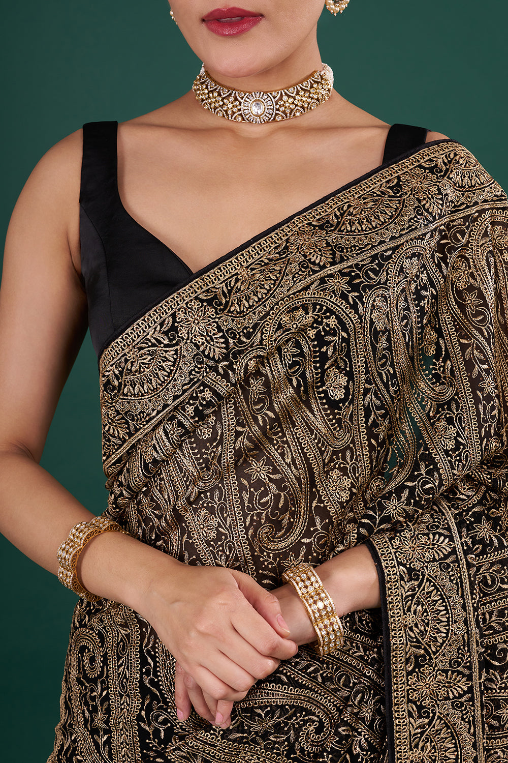 Black Georgette Resham Saree with Gold Detailing