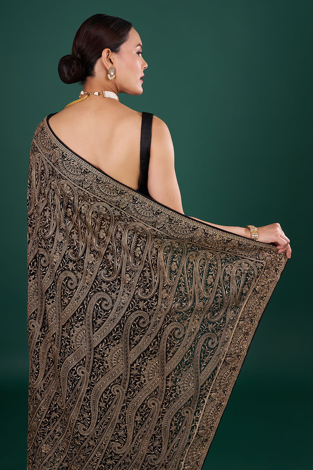 Black Georgette Resham Saree with Gold Detailing