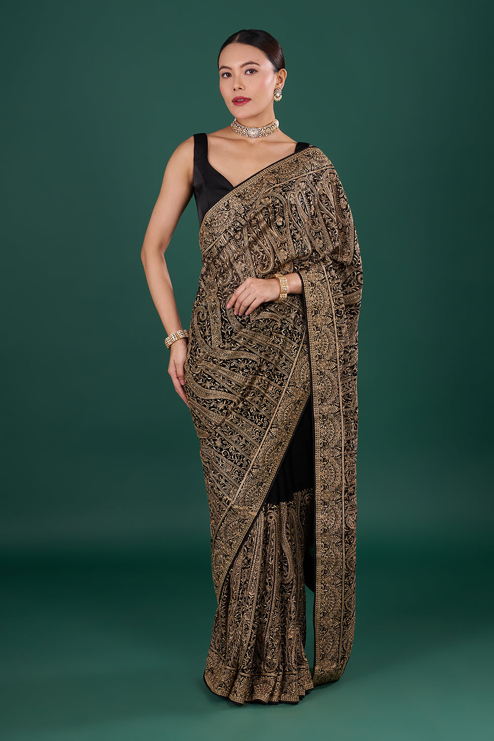 Black Georgette Resham Saree with Gold Detailing