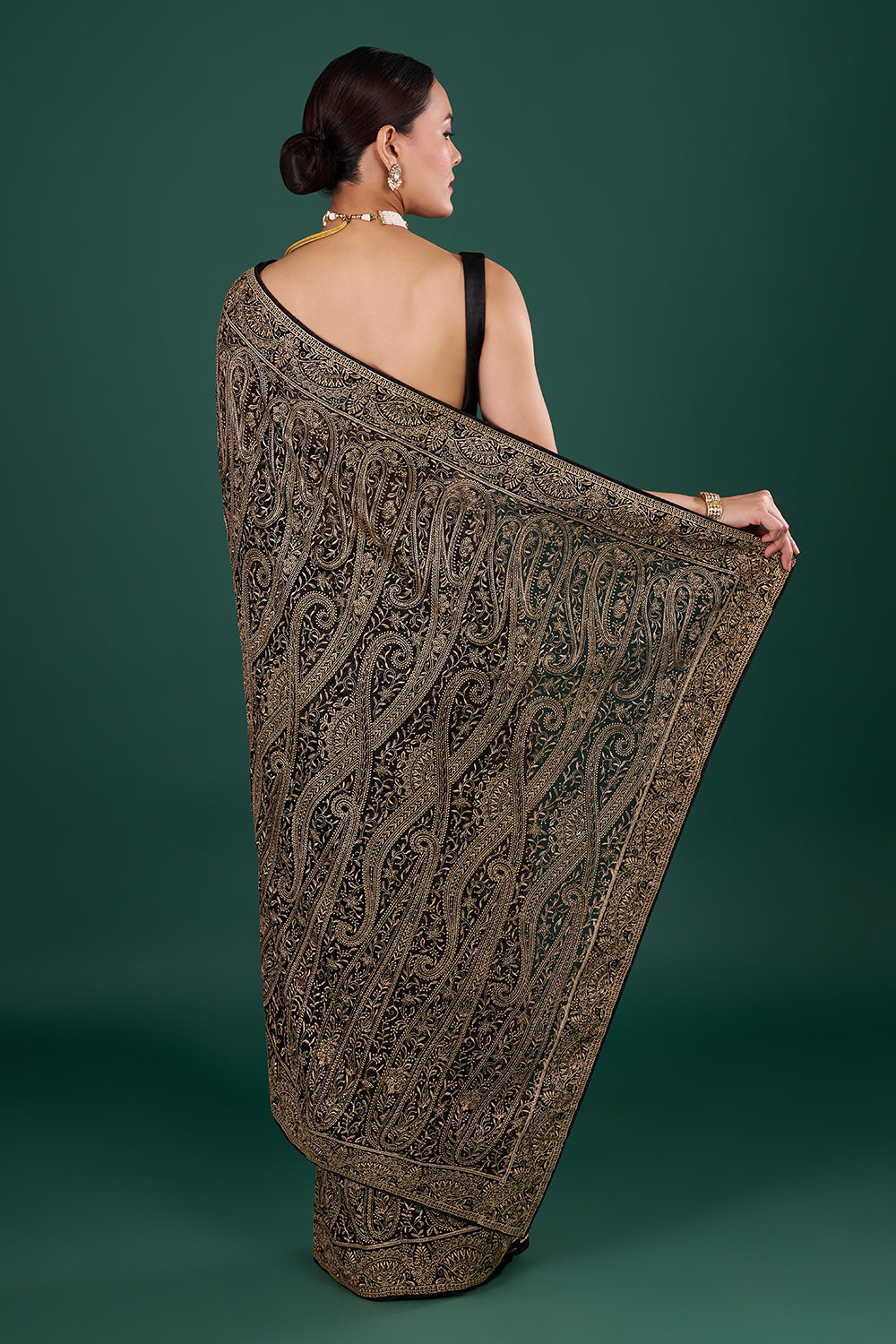Black Georgette Resham Saree with Gold Detailing