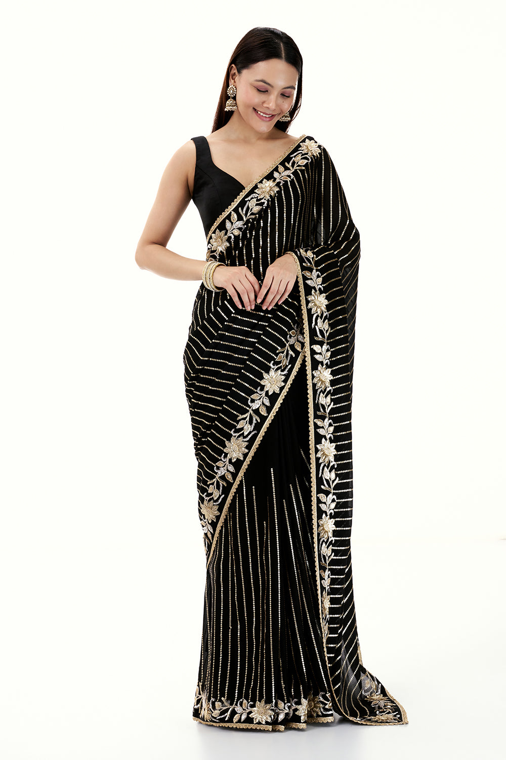 Black Georgette Saree with Stripe and Floral Design in Sequin Work