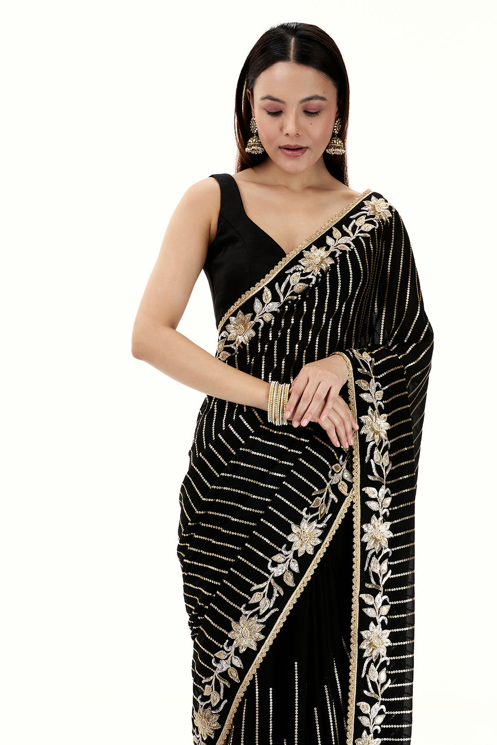 Black Georgette Saree with Stripe and Floral Design in Sequin Work