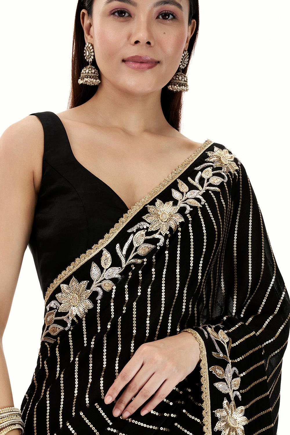 Black Georgette Saree with Stripe and Floral Design in Sequin Work