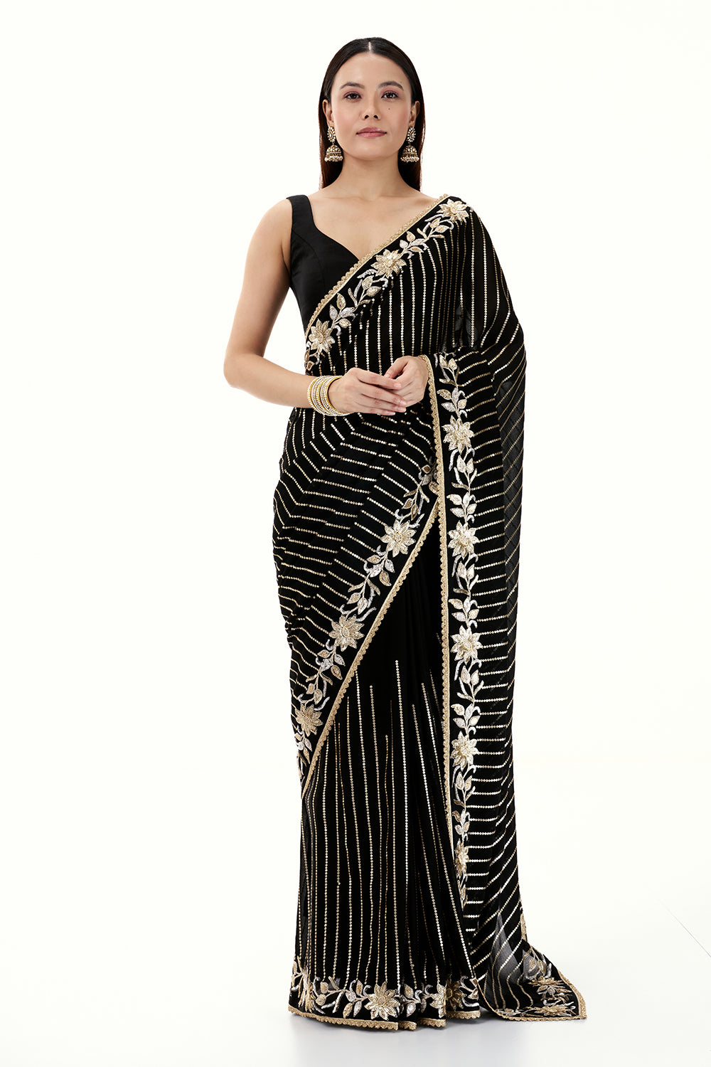 Black Georgette Saree with Stripe and Floral Design in Sequin Work