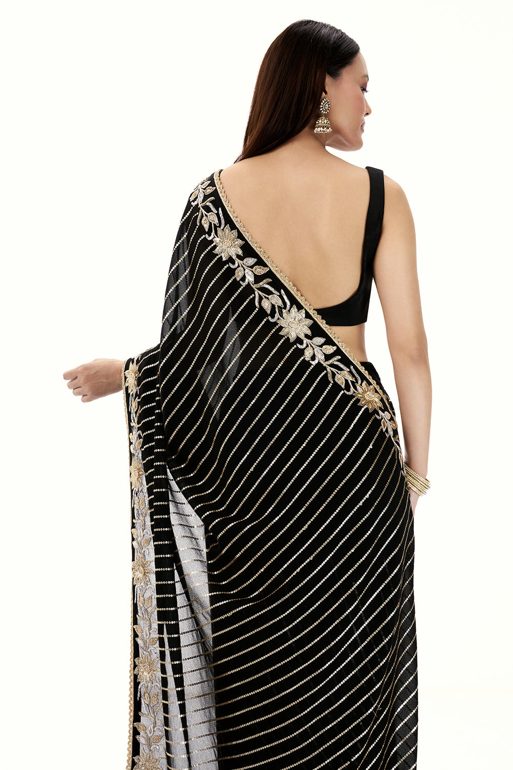 Black Georgette Saree with Stripe and Floral Design in Sequin Work