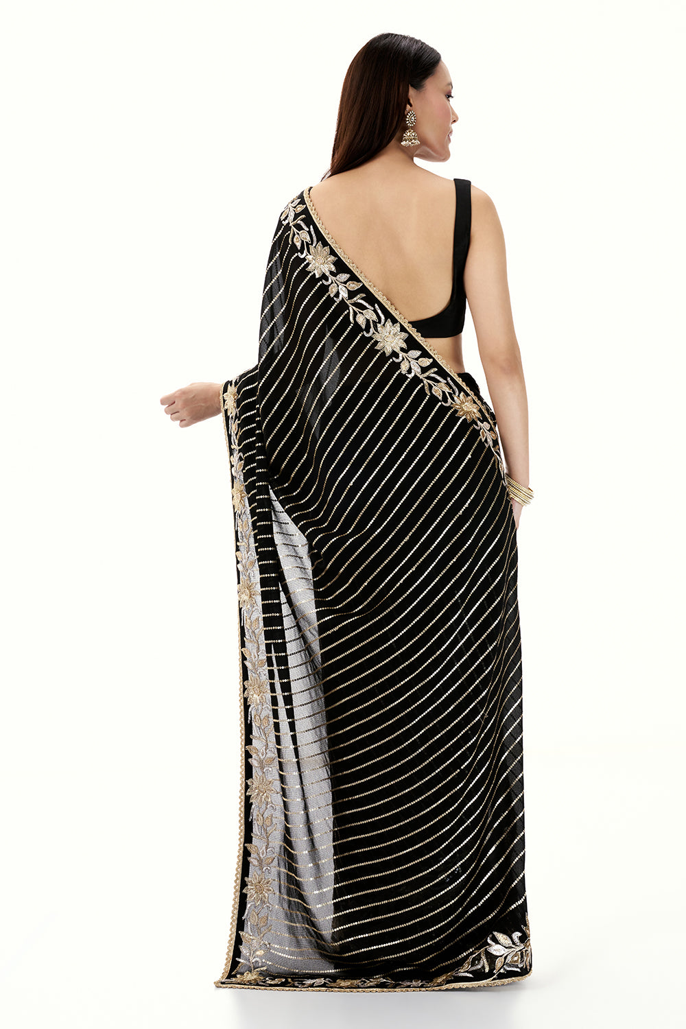 Black Georgette Saree with Stripe and Floral Design in Sequin Work