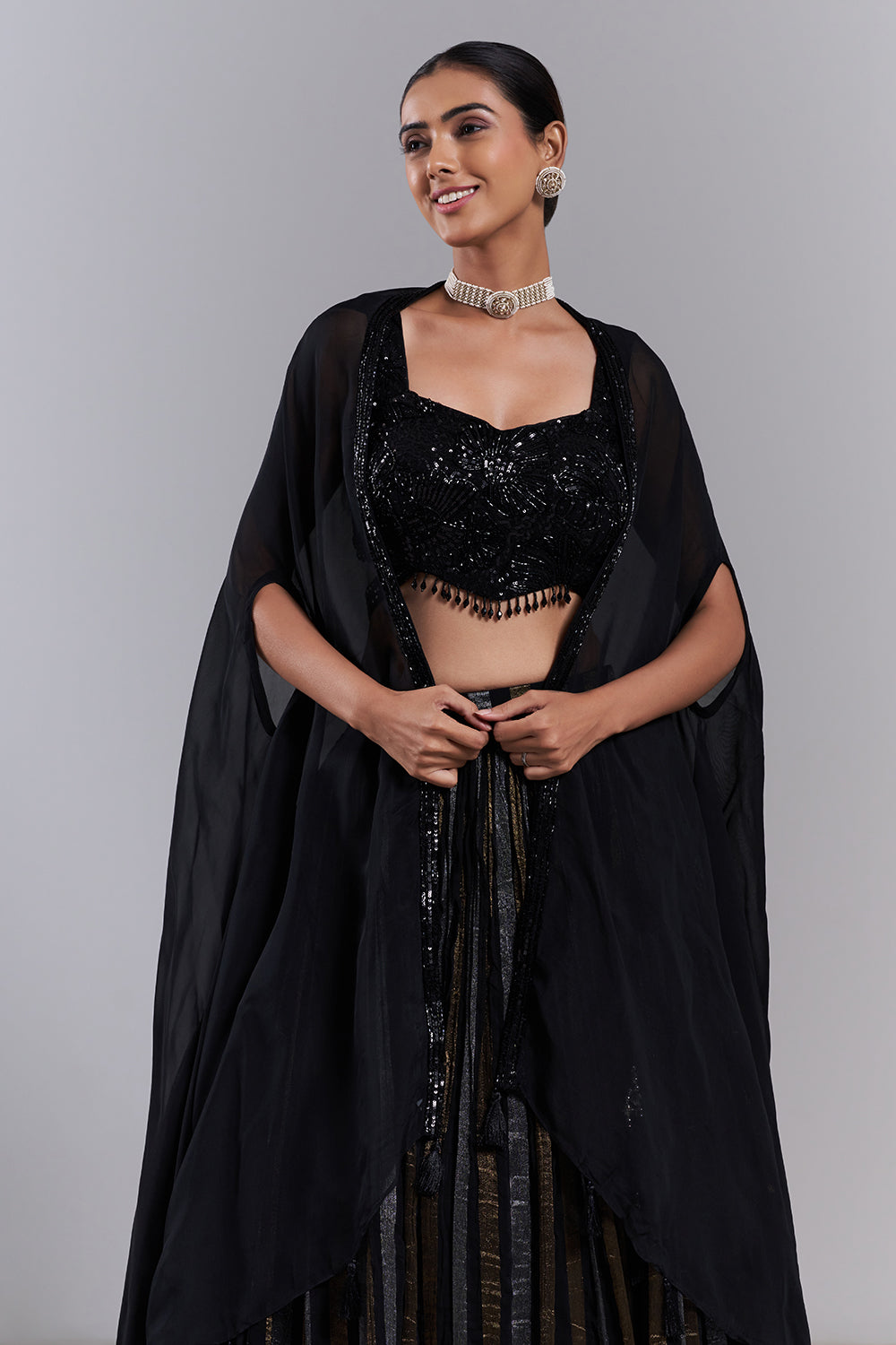 Black Georgette Sequin Embellished Lehenga Set