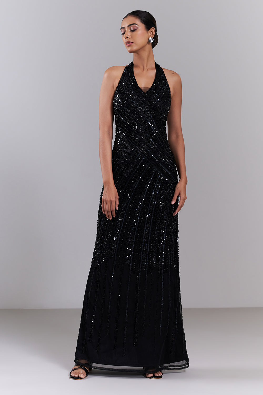 Black Halter Embellished Net Gown