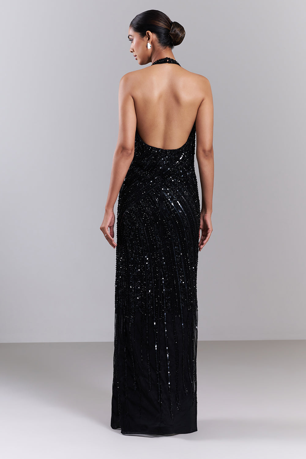Black Halter Embellished Net Gown