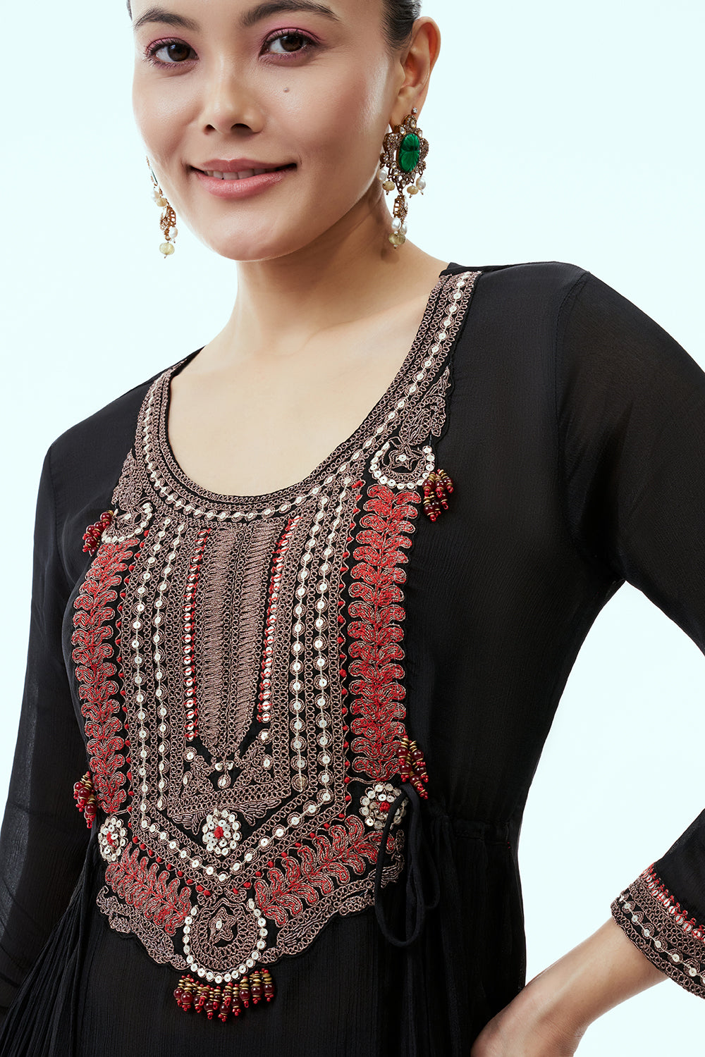 Black Indo Western Set with Tribal Style Embroidery and Palazzo Pants