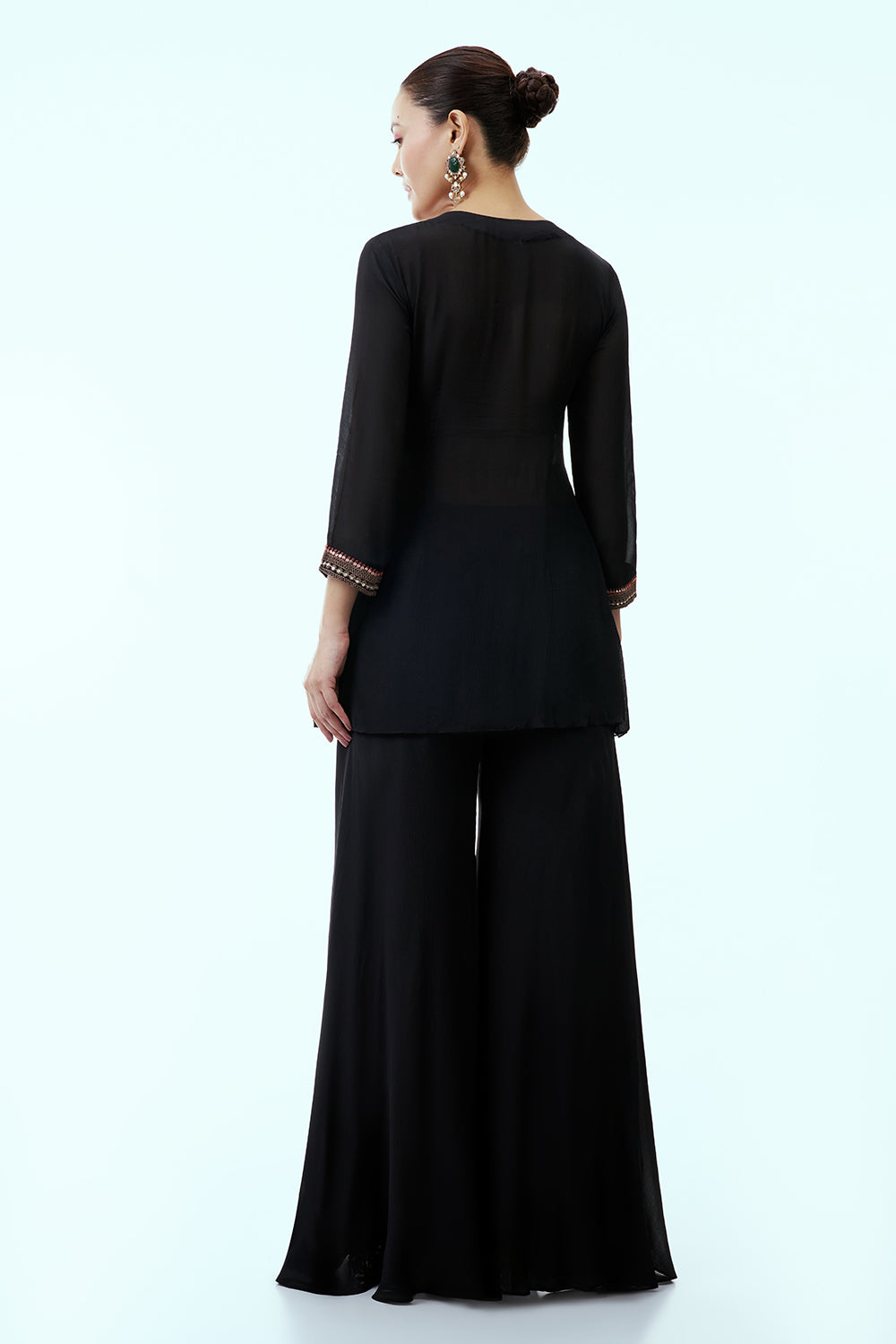Black Indo Western Set with Tribal Style Embroidery and Palazzo Pants