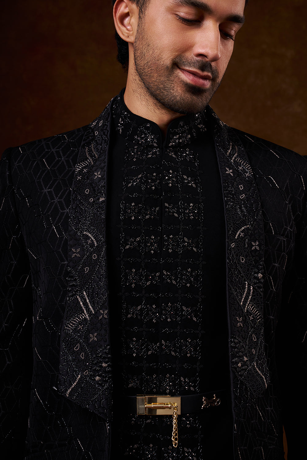 Black Japanese Armani Men's Indo-Western Set with Cutdana Work