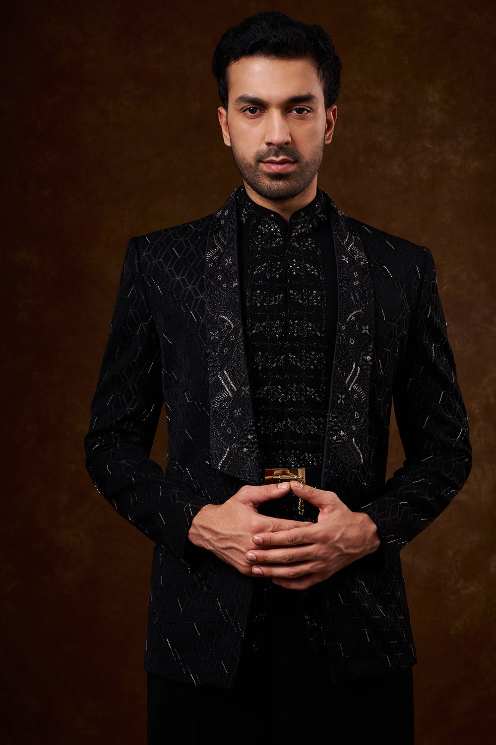 Black Japanese Armani Men's Indo-Western Set with Cutdana Work