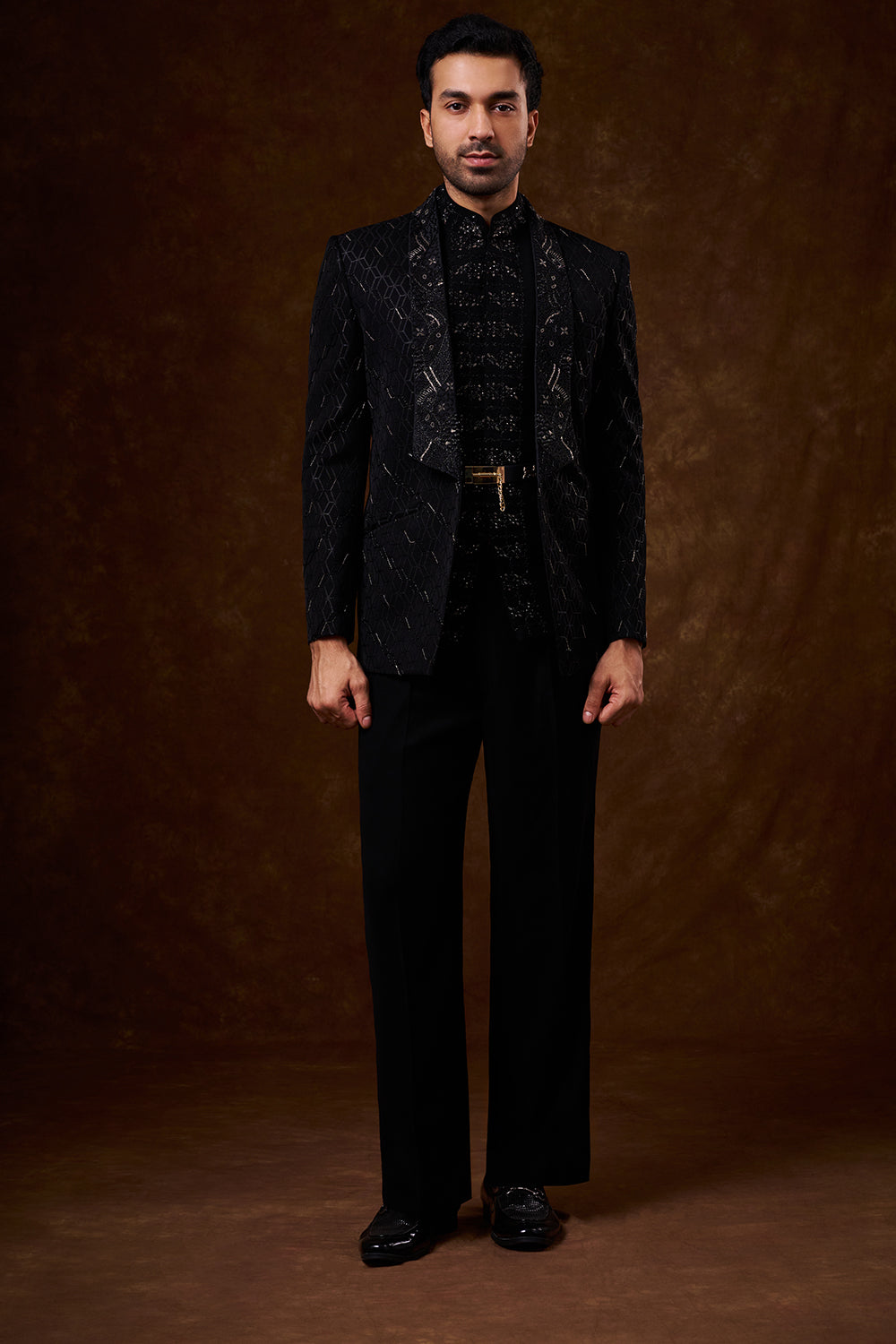 Black Japanese Armani Men's Indo-Western Set with Cutdana Work