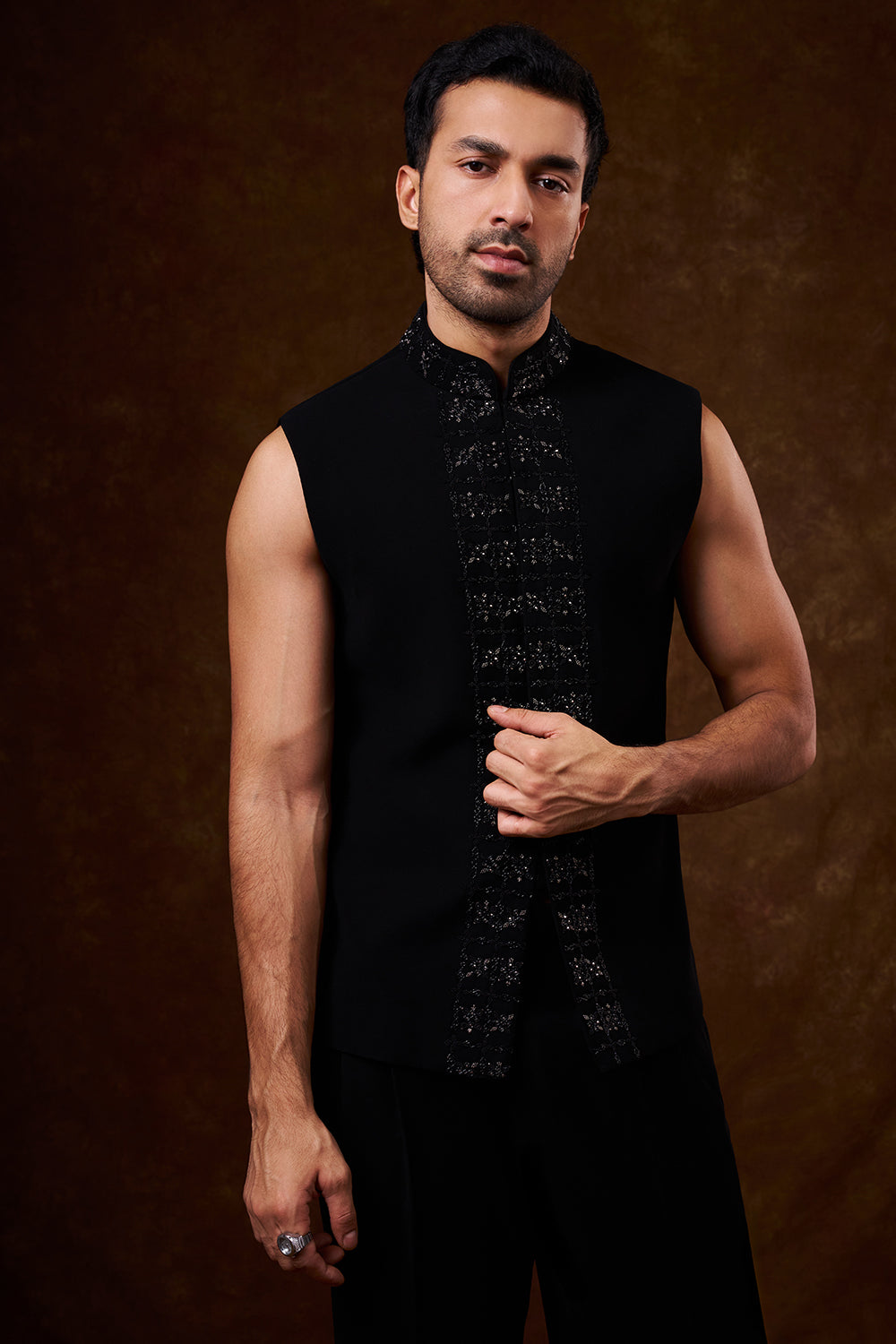 Black Japanese Armani Men's Indo-Western Set with Cutdana Work