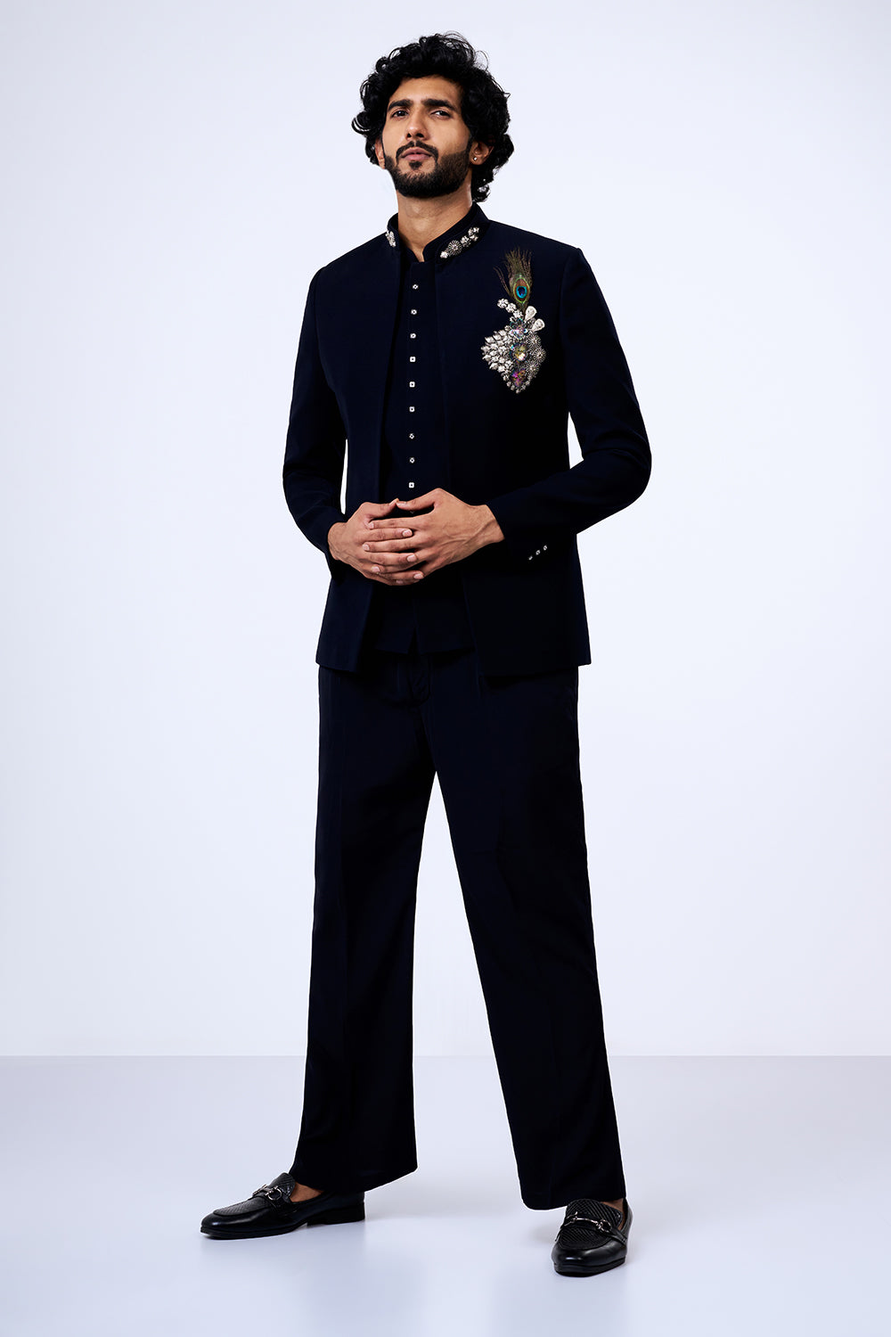 Black Japanese Armani Peacock Brooch Jacket Set