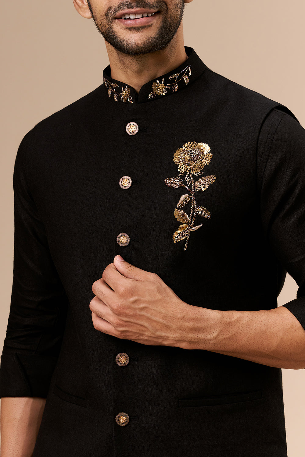 Black Linen Embroidered Bundi Set with Zardosi and Cut Dana Work