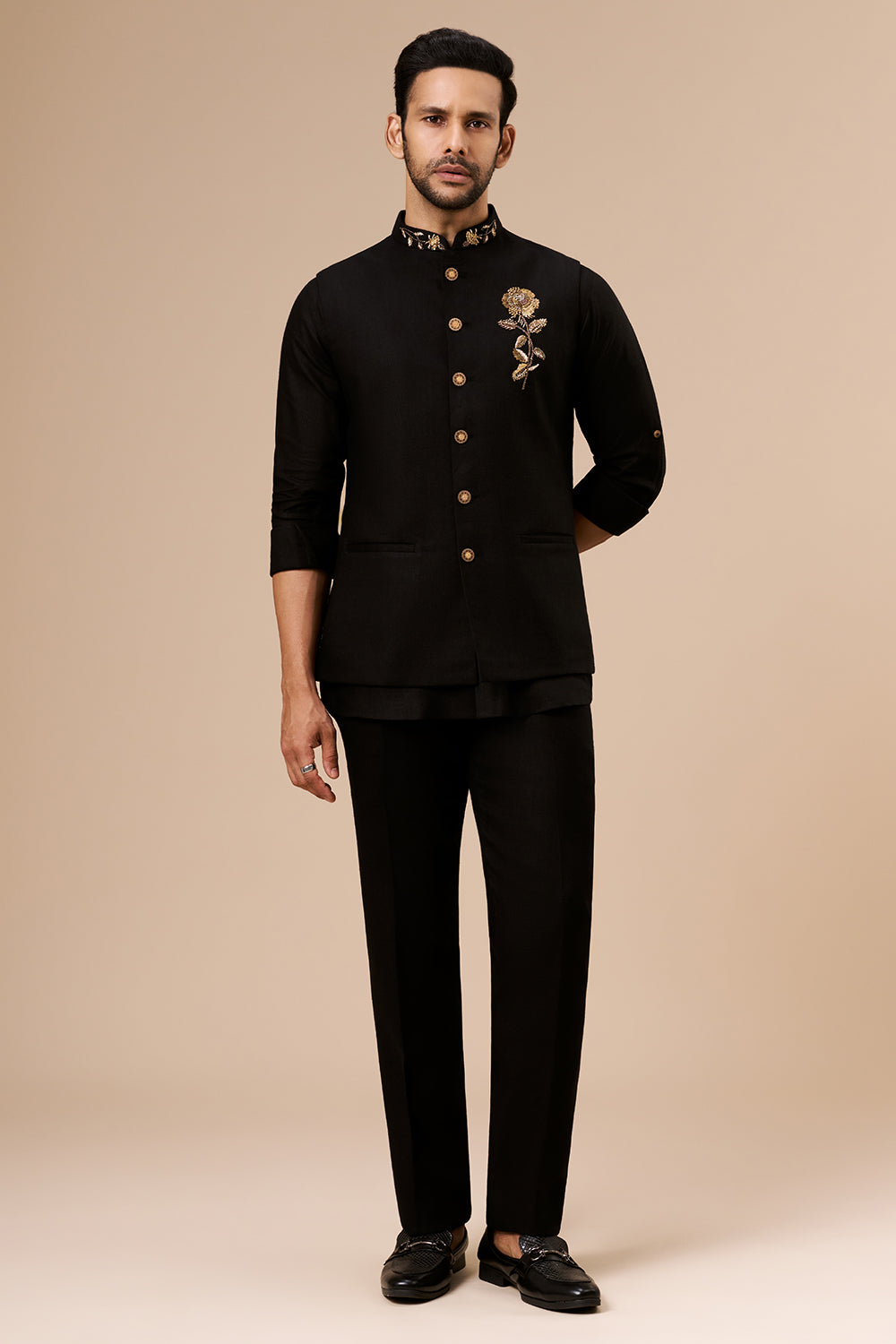 Black Linen Embroidered Bundi Set with Zardosi and Cut Dana Work