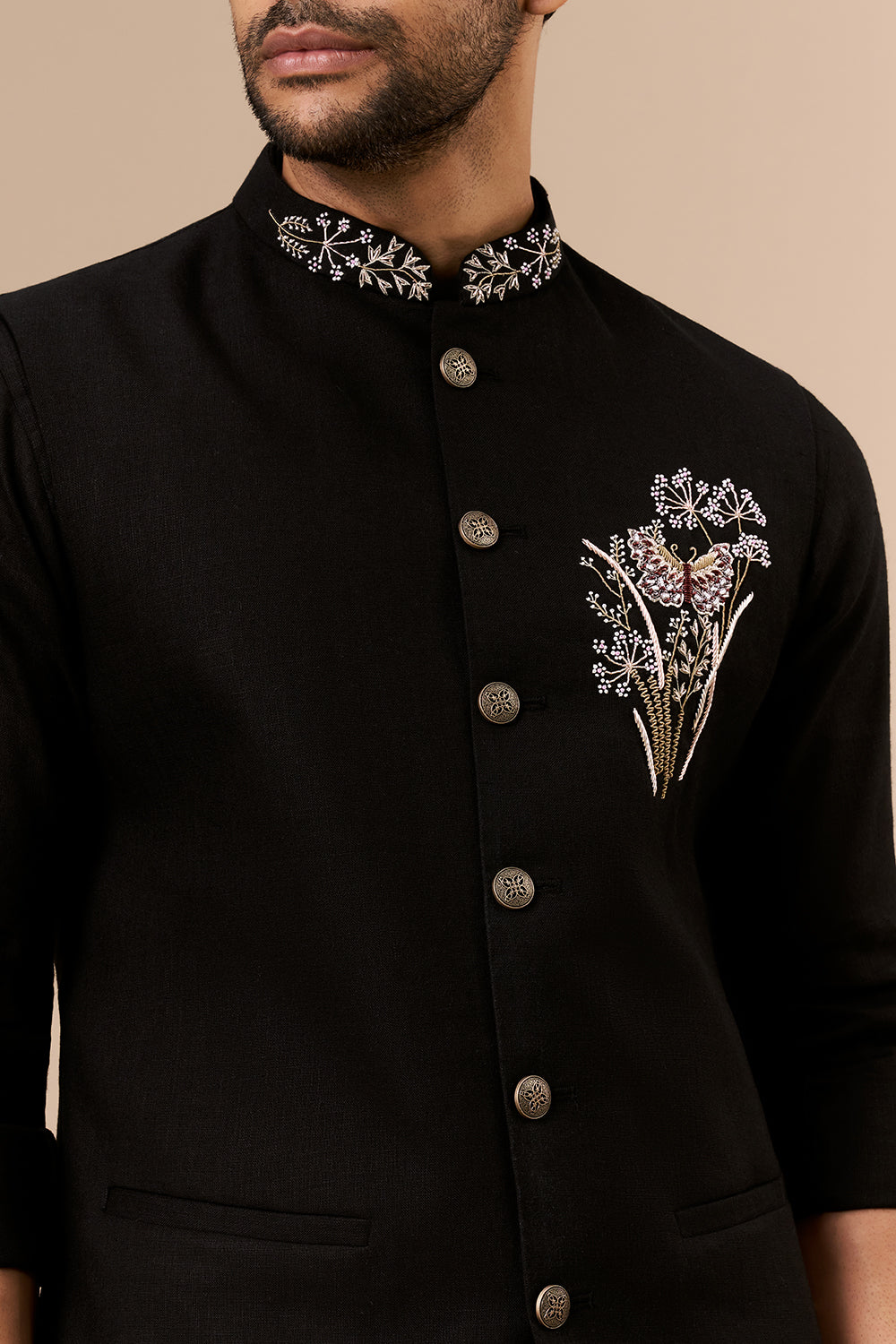 Black Linen Embroidered Bundi Set with Zardosi Botanical Motif