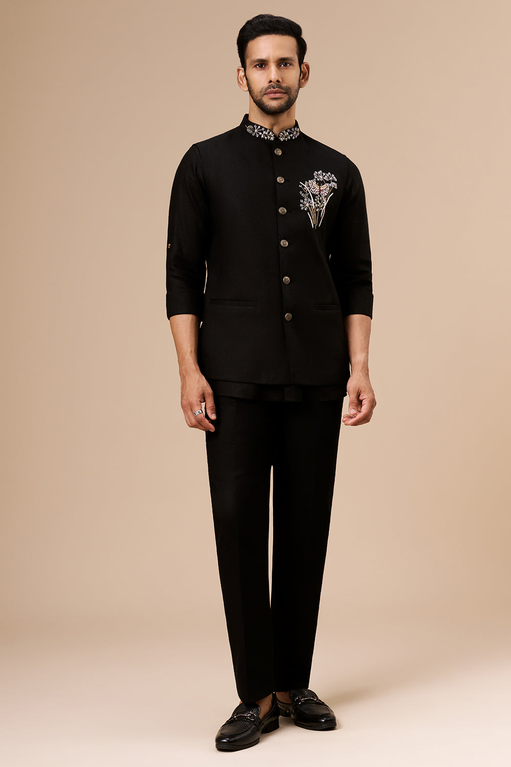 Black Linen Embroidered Bundi Set with Zardosi Botanical Motif