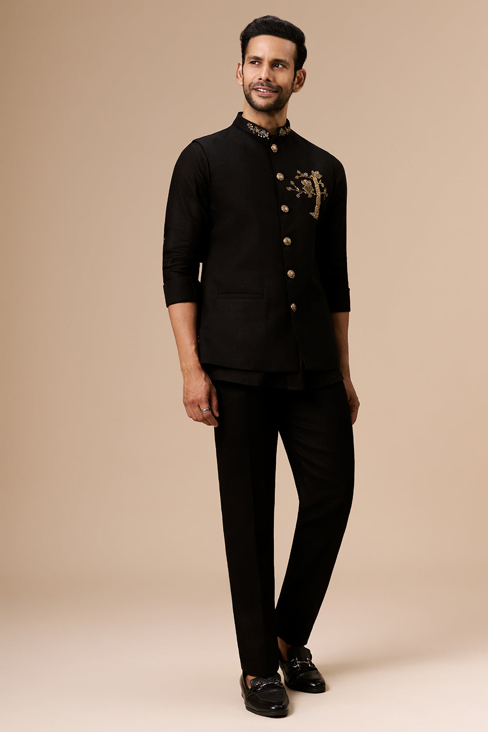 Black Linen Embroidered Motif Bundi Set with Zardosi and Cut Dana Work