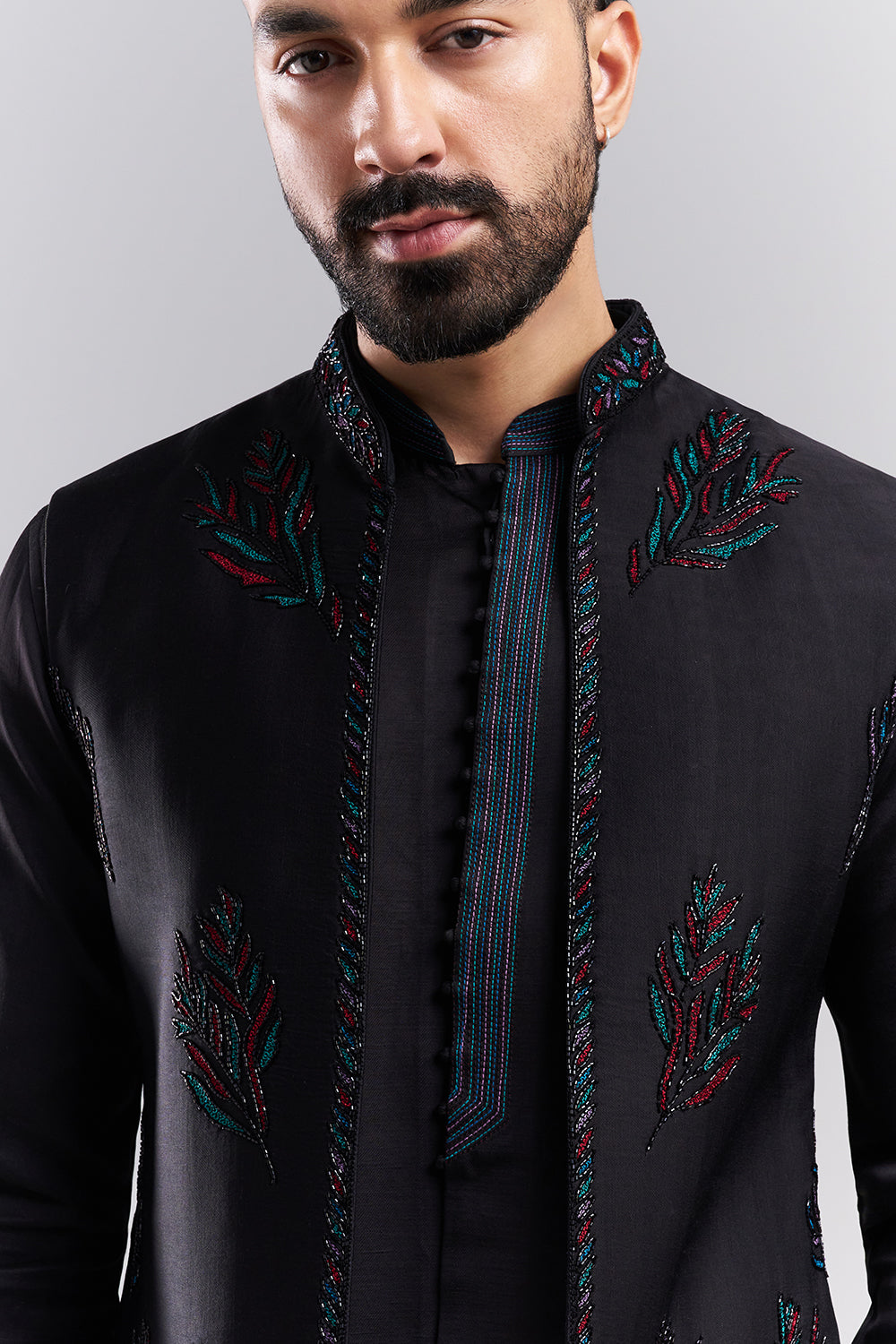 Black Linen Men's Indo-Western Set with Resham Detailing