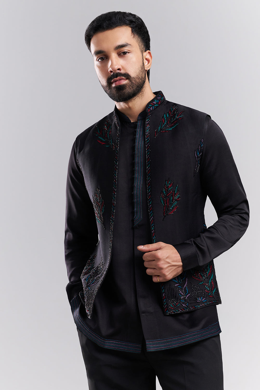 Black Linen Men's Indo-Western Set with Resham Detailing