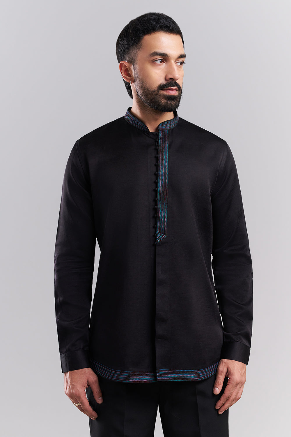 Black Linen Men's Indo-Western Set with Resham Detailing