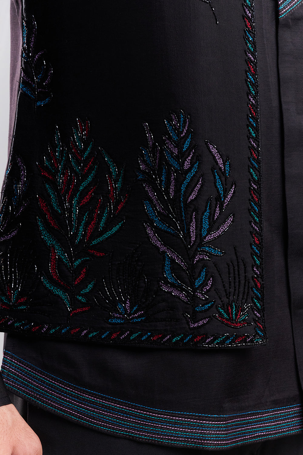 Black Linen Men's Indo-Western Set with Resham Detailing