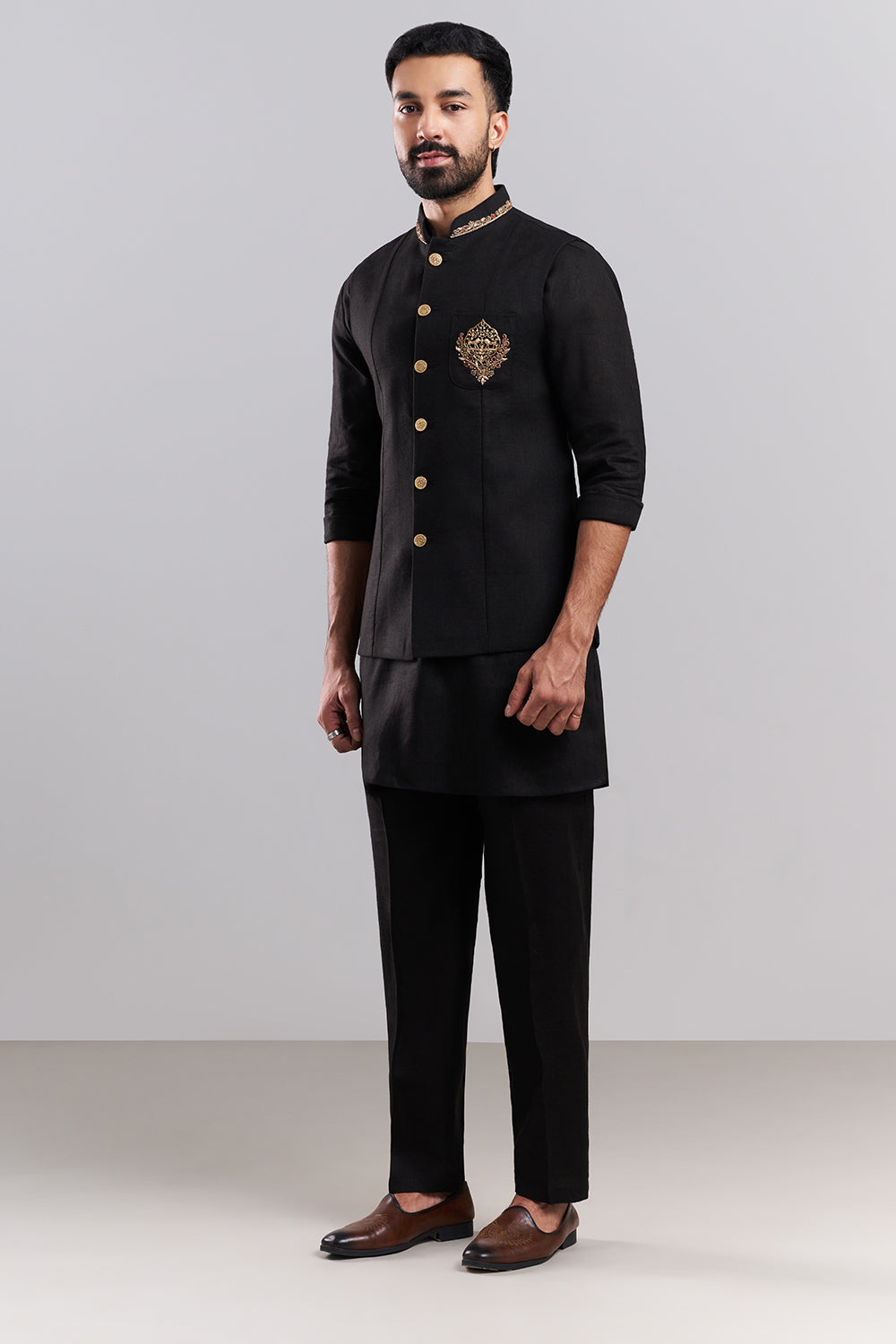 Black Linen Men's Kurta Set with Ornate Jacket