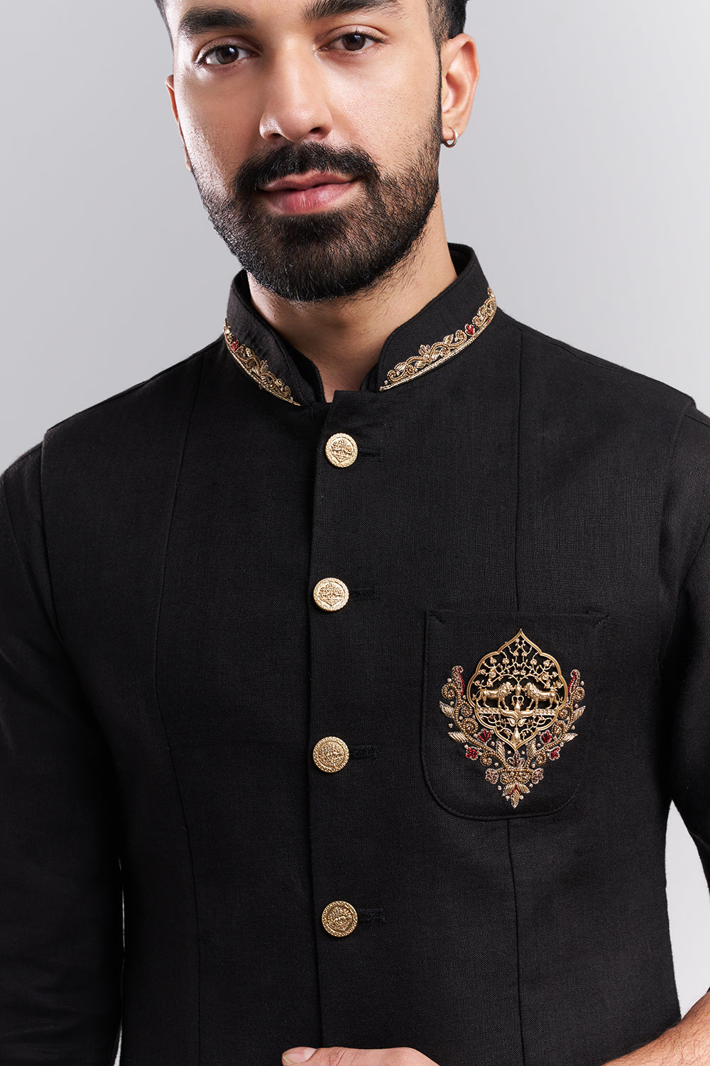 Black Linen Men's Kurta Set with Ornate Jacket