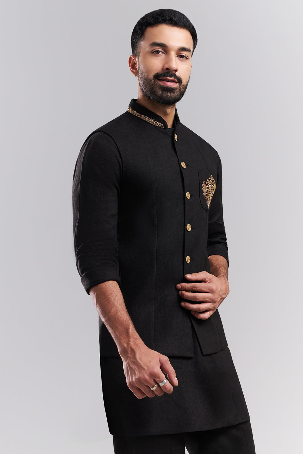 Black Linen Men's Kurta Set with Ornate Jacket