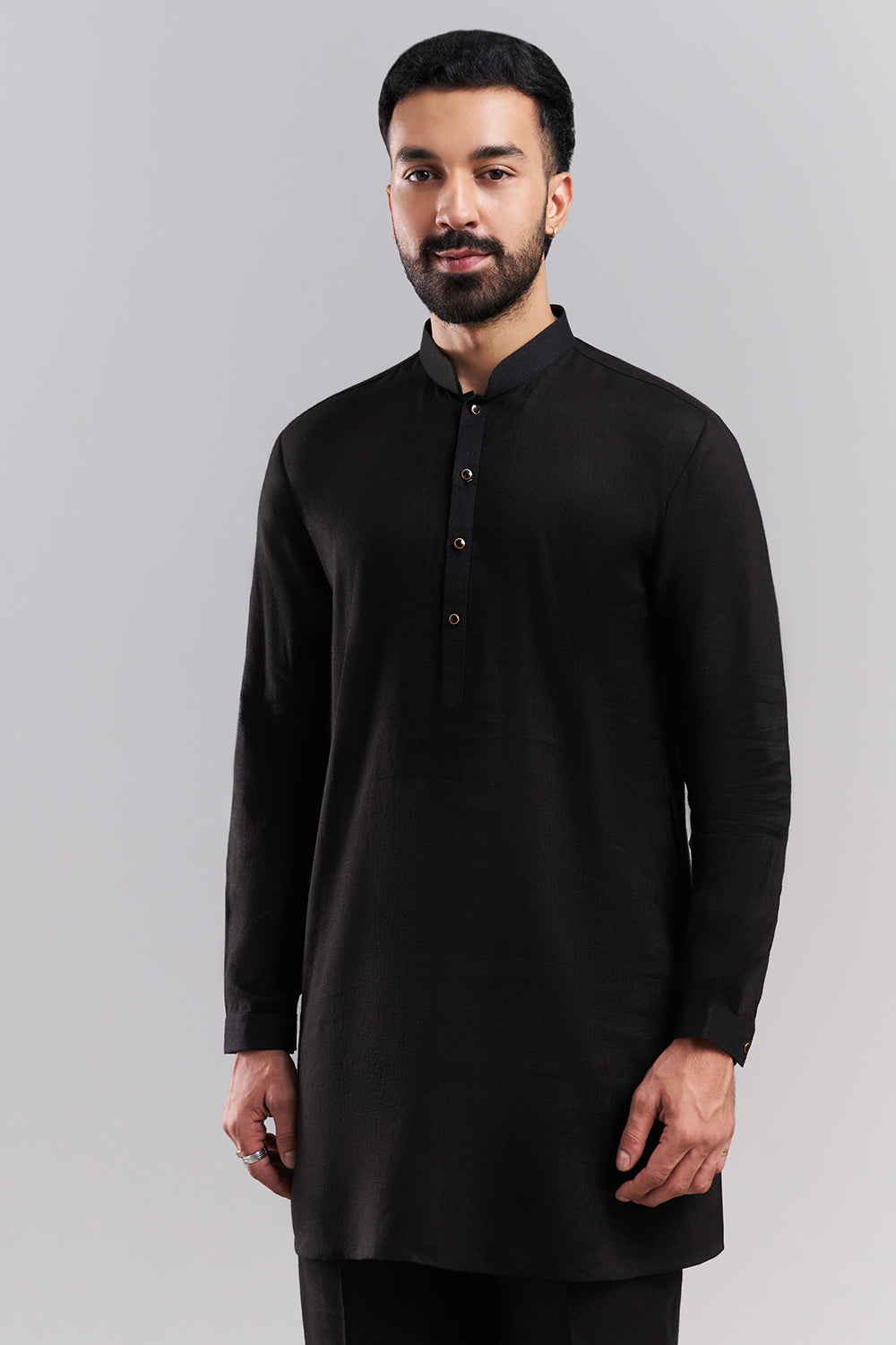 Black Linen Men's Kurta Set with Ornate Jacket