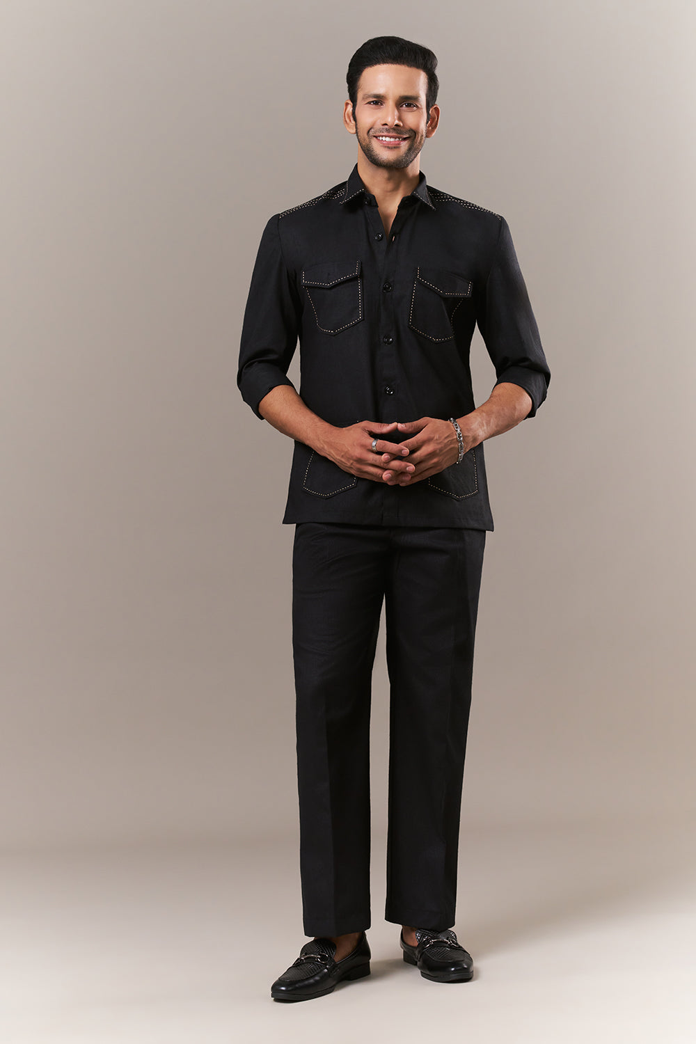 Black Linen Mens Suit with Thread Work