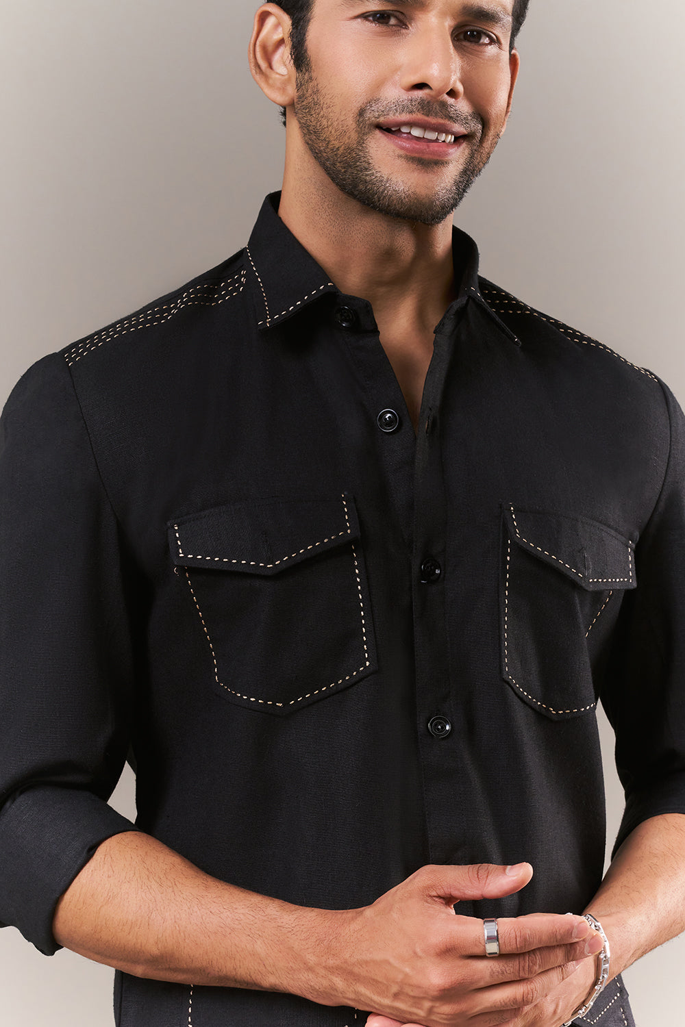 Black Linen Mens Suit with Thread Work
