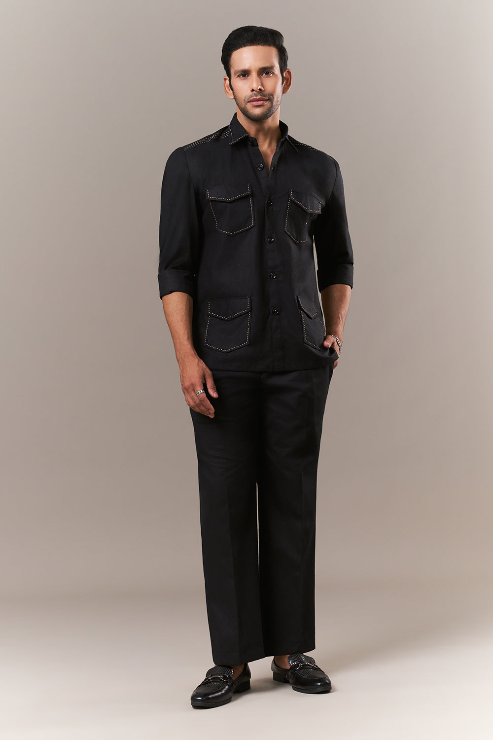 Black Linen Mens Suit with Thread Work