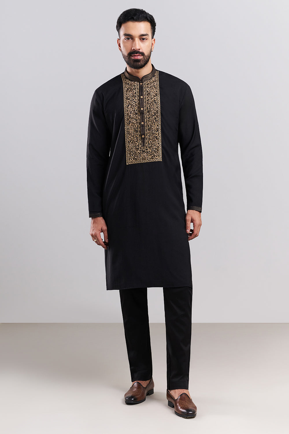 Black Linen Satin Men's Kurta Set with Ornate Front Panel