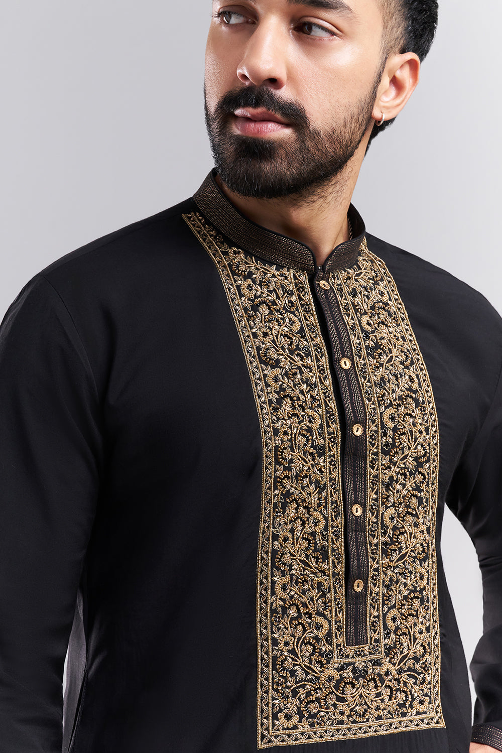 Black Linen Satin Men's Kurta Set with Ornate Front Panel